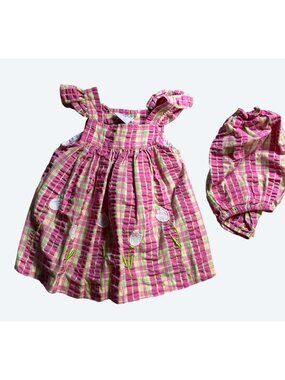 Girls 18 Month Summer Dress With Embroidered Tulips and Matching Diaper Cover